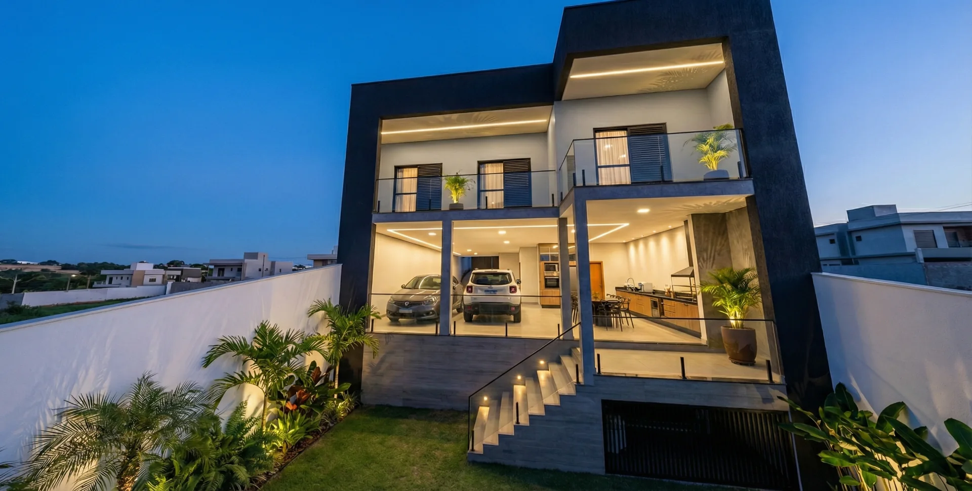 Perspectiva dos fundos, garagem e área gourmet da Residência Horizonte 135